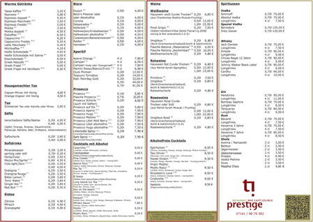 Speisekrte Prestige Getränke